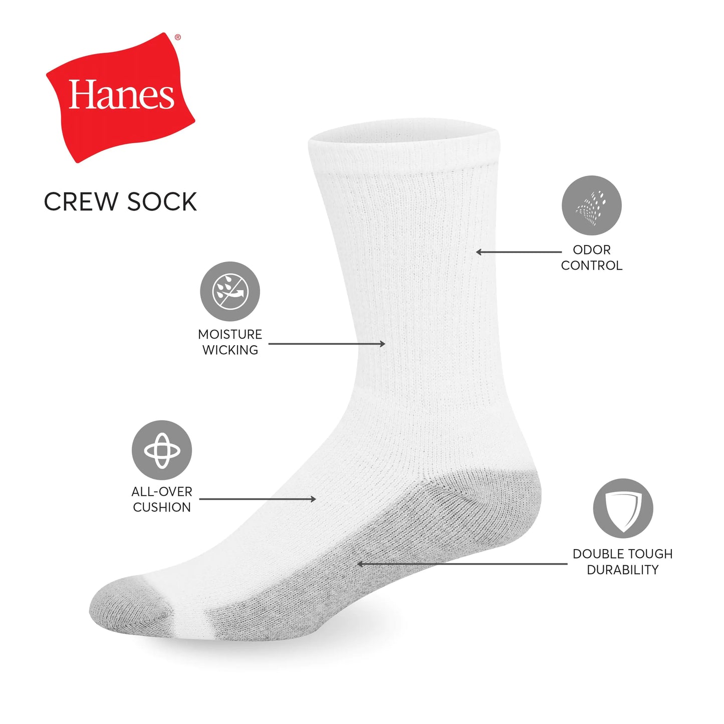 Hanes Men's Double Tough Crew Socks, 12-Pair Pack 12-14 White/ Grey Foot Bottom - 12 Pack