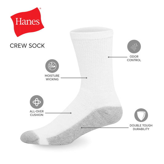 Hanes Men's Double Tough Crew Socks, 12-Pair Pack 12-14 White/ Grey Foot Bottom - 12 Pack