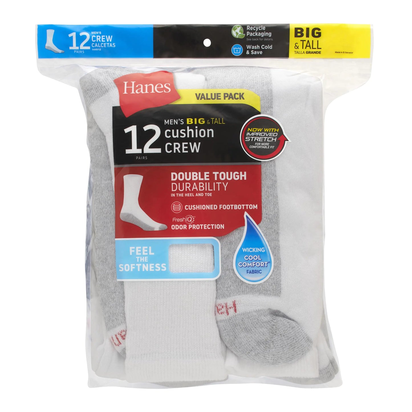 Hanes Men's Double Tough Crew Socks, 12-Pair Pack 12-14 White/ Grey Foot Bottom - 12 Pack